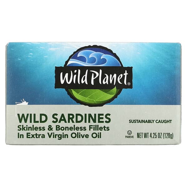 Wild Planet, Filetes de sardinas silvestres sin piel ni huesos en aceite de oliva extra virgen, 120 g (4,25 oz)