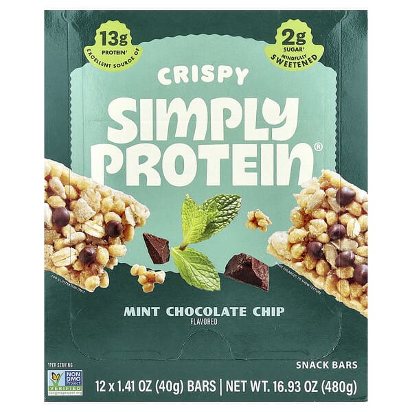 Simply Protein, 크리스피 스낵 바, 민트 초콜릿 칩, 바 12개, 각 40g(1.41oz)