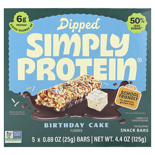 Simply Protein, Dipped Snack Bars, Birthday Cake, 5 Bars, 0.88 oz (25 g) Each