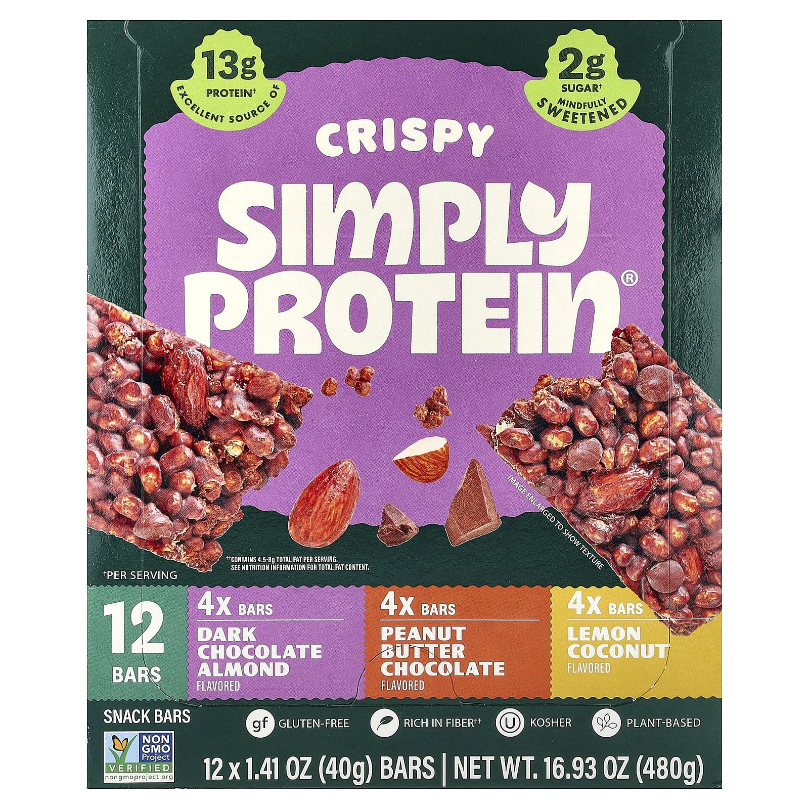 Simply Protein, хрустящие батончики-снеки, ассорти вкусов, 12 батончиков по 40 г (1,41 унции)
