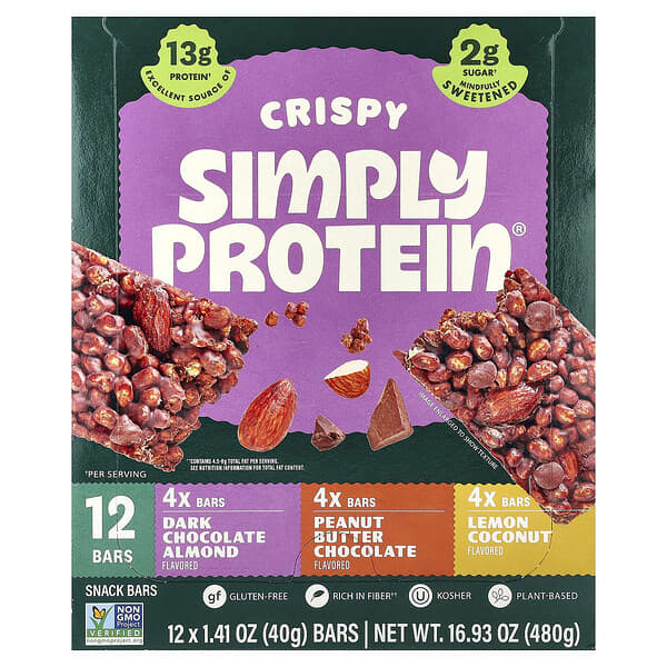 Simply Protein, Crispy Snack Bars, Variety Pack, 12 Bars, 1.41 oz (40 g) Each
