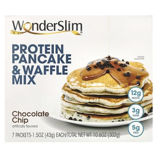 WonderSlim‏, תערובת לפנקייקים ולוופל חלבון, שבבי שוקולד, 7 שקיקים, 43 גרם (1.5 אונקיות) כל אחד