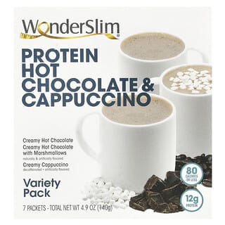 WonderSlim, Chocolate caliente con proteínas y capuchino, Paquete variado, 7 sobres