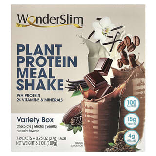 WonderSlim, Batido de proteína vegetal para comidas, Caja variada, 7 sobres, 27 g (0,95 oz) cada uno