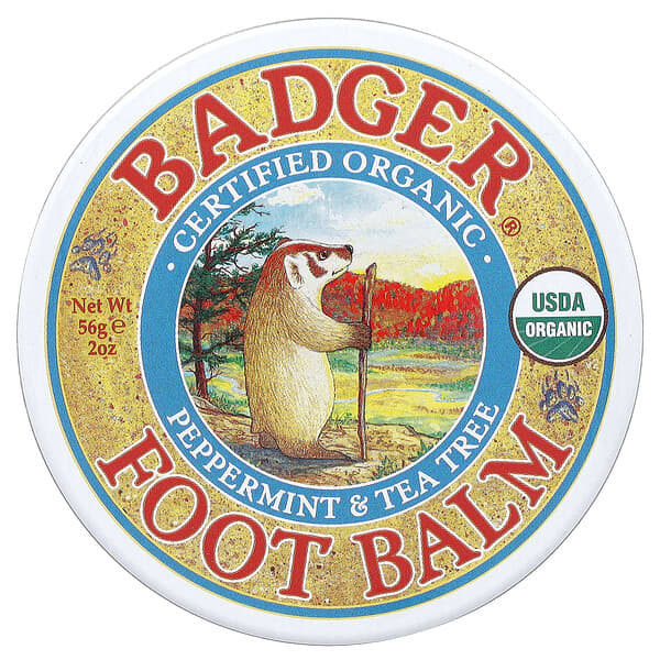 Badger, Bálsamo para los pies orgánico certificado, menta y árbol del té, 56 g (2 oz)