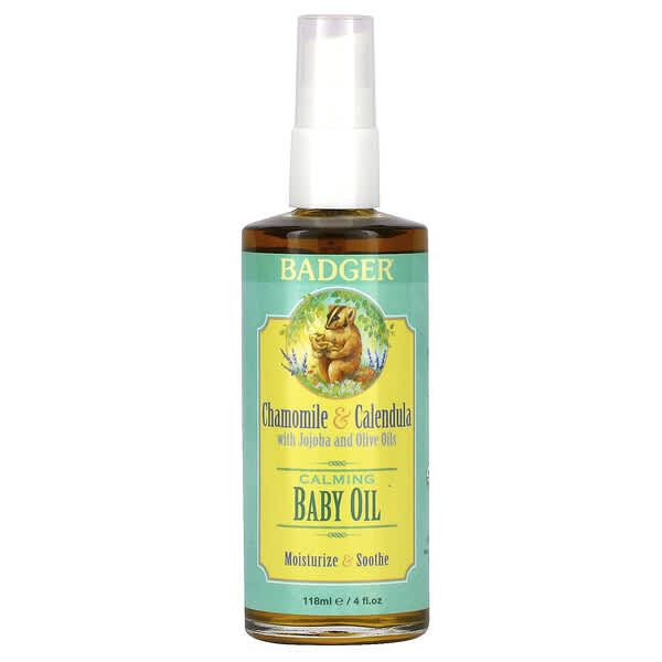 Badger Company, 鎮定嬰兒油，洋甘菊和金盞花，含橄欖油和荷荷巴油，4 液量盎司（118 毫升）