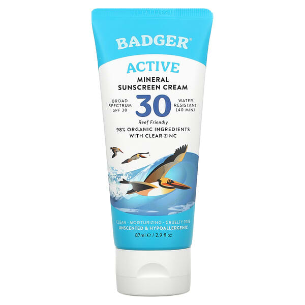 Badger Company, 天然ミネラルサンスクリーンクリーム、クリア亜鉛、SPF30、無香料、2.9 fl oz (87 ml)