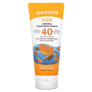 Badger Company, Clear Sport، للأطفال، كريم الوقاية من الشمس بالمعادن الطبيعية، معامل الحماية 40، اليوسفي والفانيليا، 2.9 أوقية سائلة، (87 مل)
