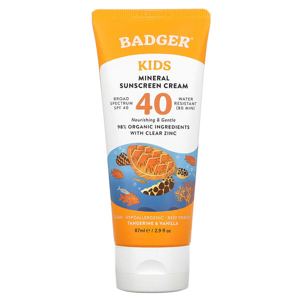 Badger Company, クリアスポーツ、キッズ、ナチュラルミネラル日焼け止めクリーム、SPF40、タンジェリン＆バニラ、87ml（2.9液量オンス）