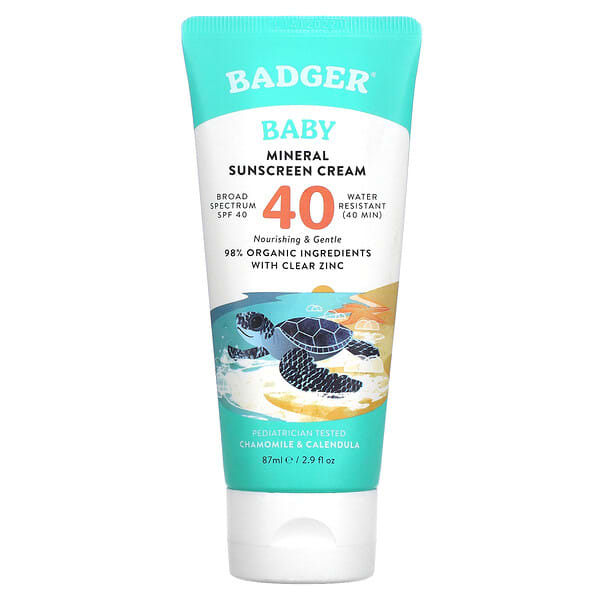 Badger Company, Crema de protección solar mineral para bebés, FPS 40, Manzanilla y caléndula, 87 ml (2,9 oz. Líq.)
