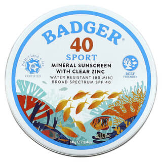 Badger Company, Sport, Mineral Sunscreen with Clear Zinc, SPF 40, Unscented, 2.4 oz (68 g)