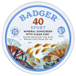 Badger, Sport, Mineral Sunscreen with Clear Zinc, SPF 40, Unscented, 2.4 oz (68 g)