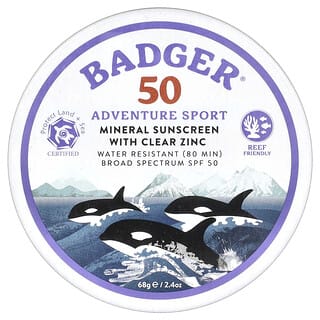 Badger, Adventure Sport, Protector solar mineral con zinc transparente, FPS 50, Sin fragancia, 68 g (2,4 oz)