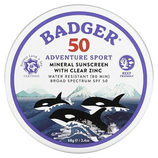 Badger Company, Adventure Sport, Protector solar mineral con zinc transparente, FPS 50, Sin fragancia, 68 g (2,4 oz)