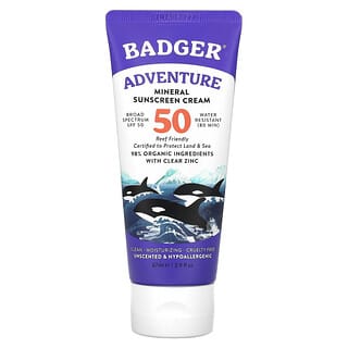 Badger Company, Adventure, Protector solar mineral en crema, FPS 50, Sin fragancia, 87 ml (2,9 oz. líq.)