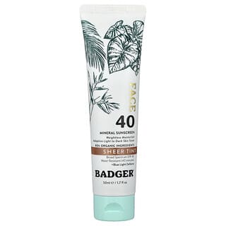Badger, Минерален слънцезащитен крем за лице, SPF 40, прозрачен нюанс, 50 ml (1,7 fl oz)