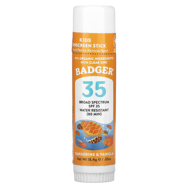 Badger, Niños, Protector solar mineral natural en barra para el rostro, FPS 35 PA+++, Mandarina y vainilla, 18,4 g (0,65 oz)