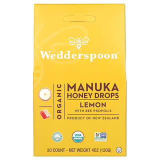 Wedderspoon, Gotas de miel de manuka orgánica, Limón con propóleo de abeja, 20 unidades, 120 g (4 oz)