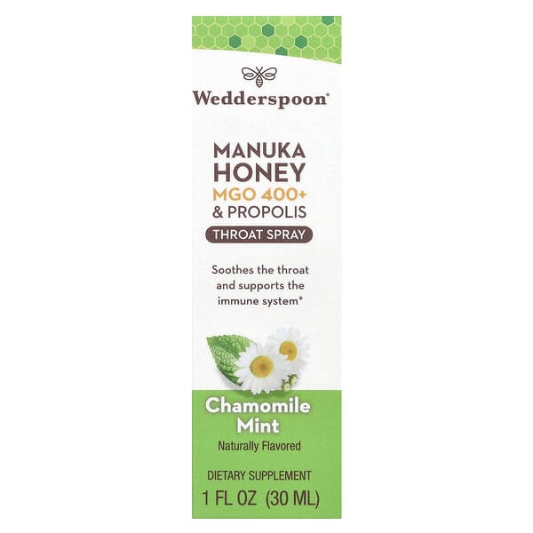 Wedderspoon, Manuka Honey,  &amp; Propolis, Throat Spray, Chamomile Mint, MGO 400+, 1 fl oz (30 ml)