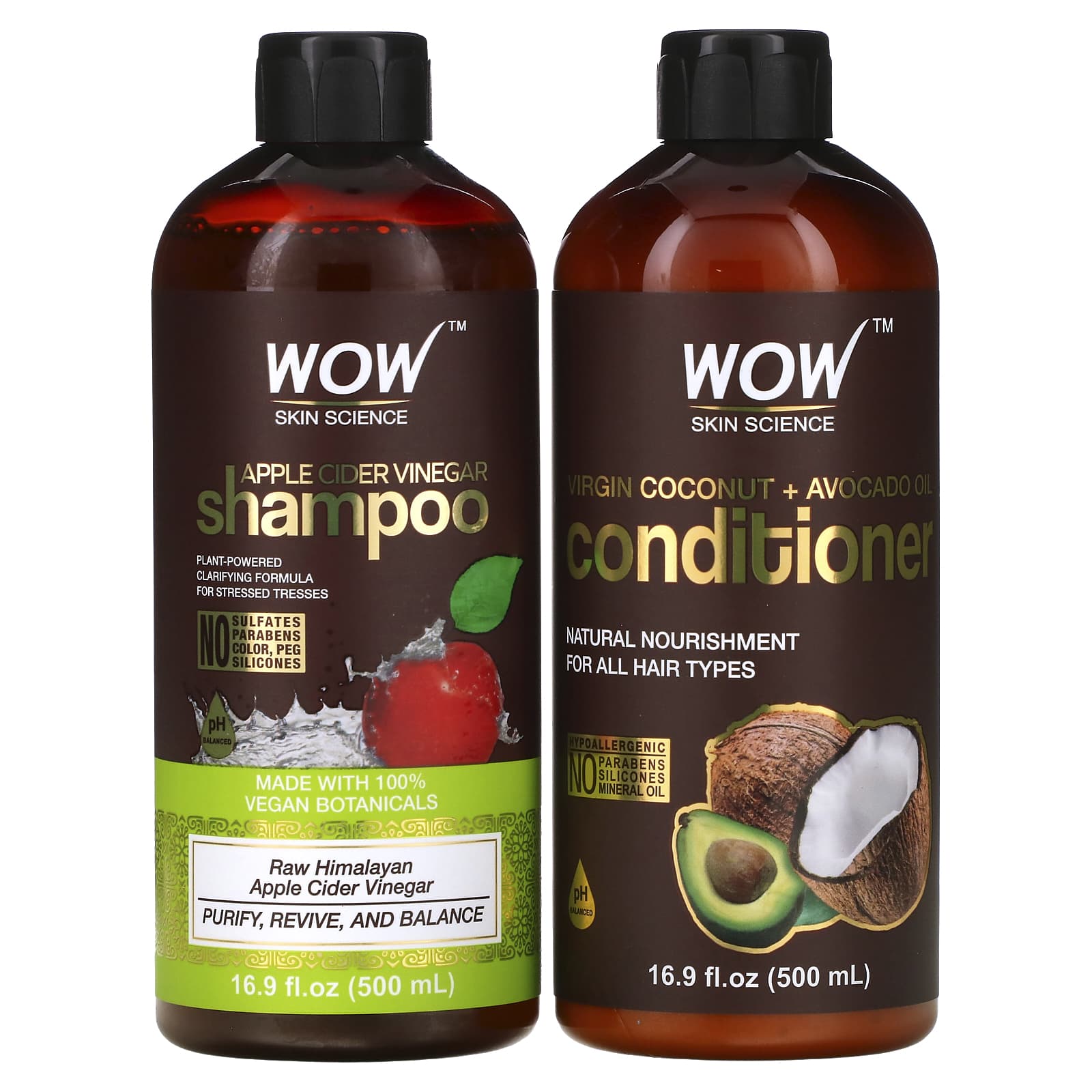 Wow Skin Science, Apple Cider Vinegar Shampoo + Virgin Coconut Avocado Oil  Conditioner, 2 Piece Kit