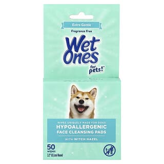 Wet Ones, Pre domáce zvieratá!™, Hypoalergénne čistiace tampóny na tvár s hamamelisom, Pre psy, bez vône, 50 obrúskov
