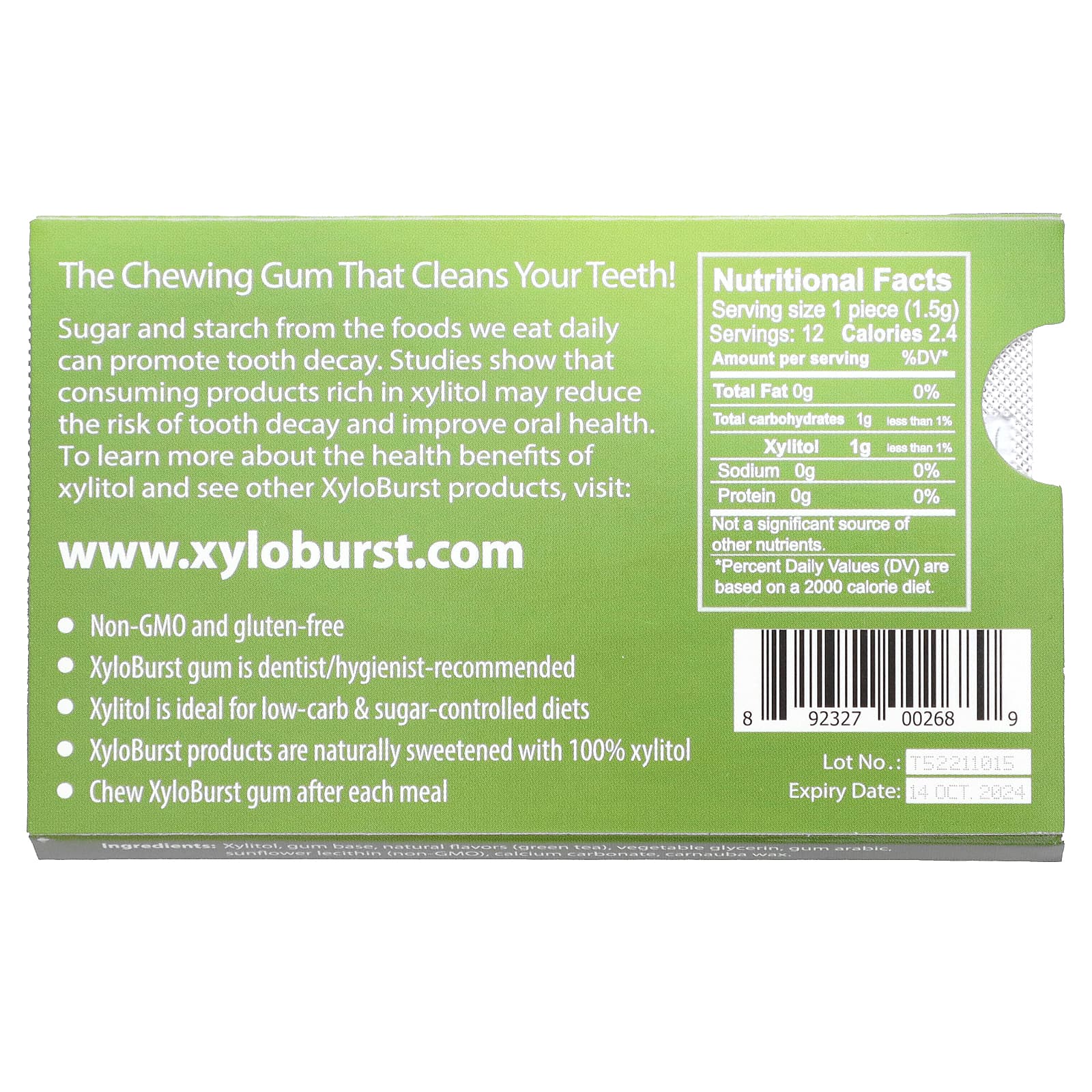 Xyloburst, Xylitol Gum, Green Tea, 12 Pieces