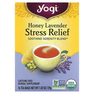 Yogi Tea, สูตรบรรเทาความเครียด รสฮันนี่ลาเวนเดอร์ ปราศจากคาเฟอีน บรรจุ 16 ถุงชา ขนาด 1.02 ออนซ์ (29 ก.)