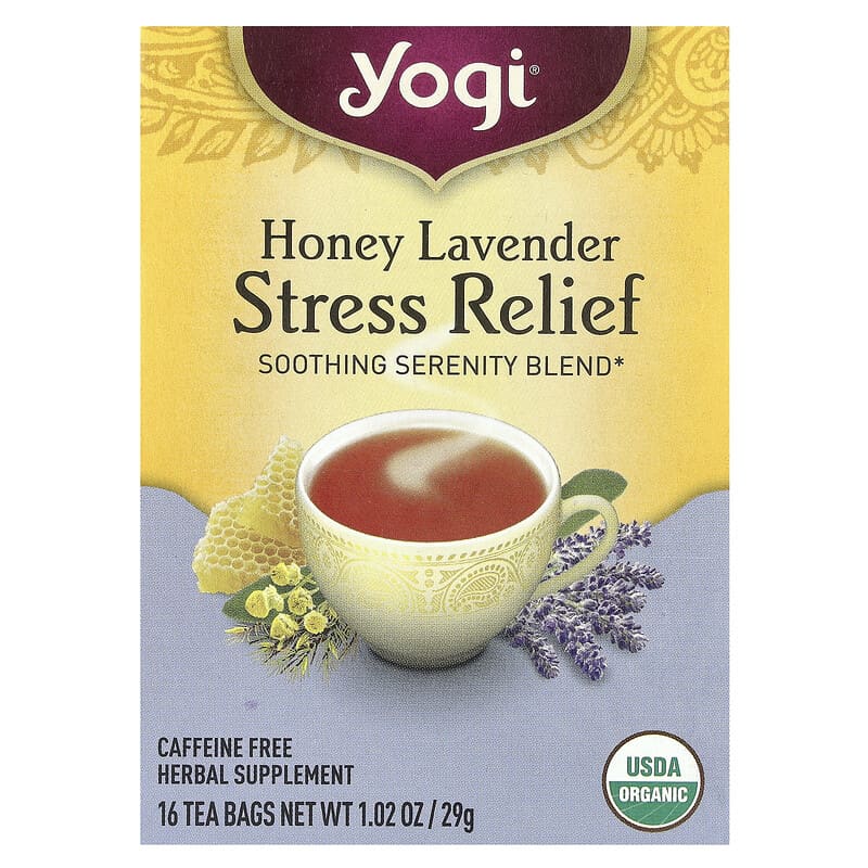 United Arab Emirates product data sample: Stress Relief, Honey Lavender, Caffeine Free, 16 Tea Bags, 1.02 oz (29 g)