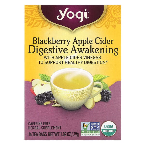 Yogi Tea, Despertar digestivo, Zarzamora y sidra de manzana, Sin cafeína, 16 bolsitas de té, 29 g (1,02 oz)