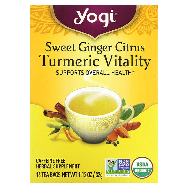 Yogi Tea, Sweet Ginger Citrus Turmeric Vitality, Caffeine Free, 16 Tea ...