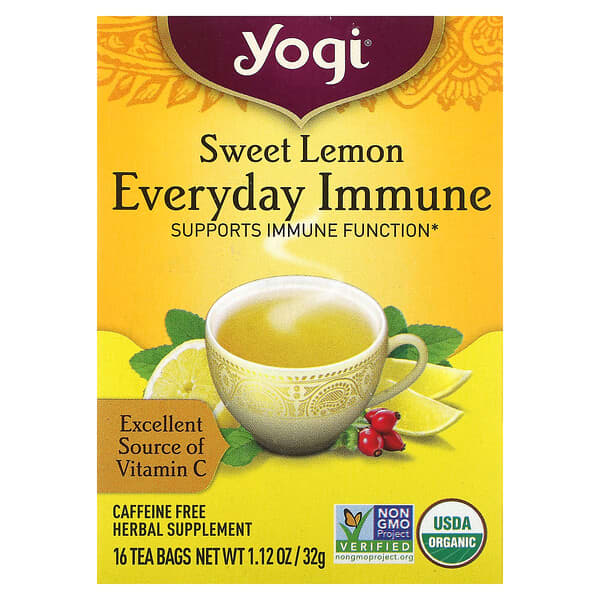 Yogi Tea, Sweet Lemon Everyday Immune, Caffeine Free, 16 Tea Bags, 1.12 oz (32 g) Each