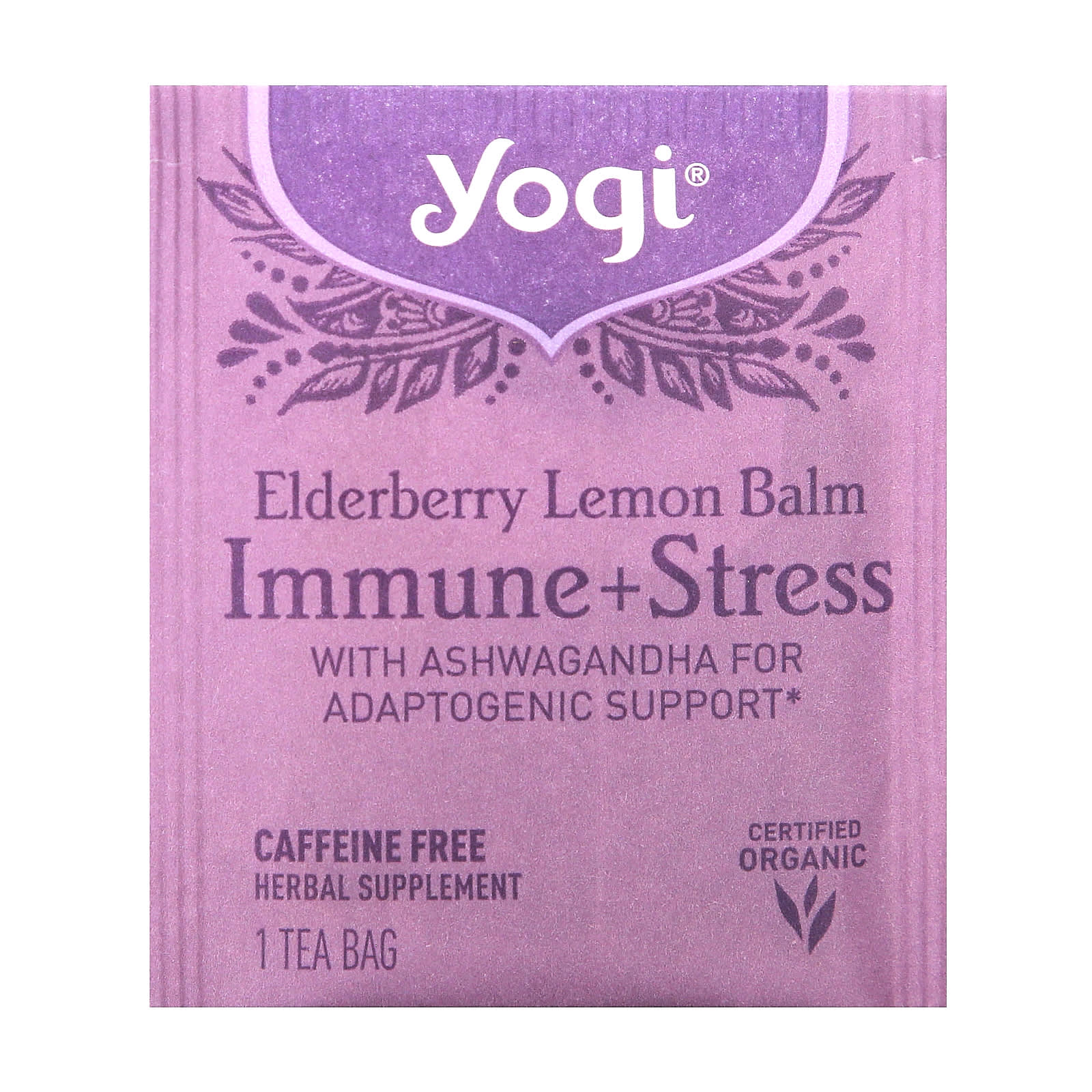Yogi Tea, Immune + Stress, Elderberry Lemon Balm, Caffeine Free, 16 Tea