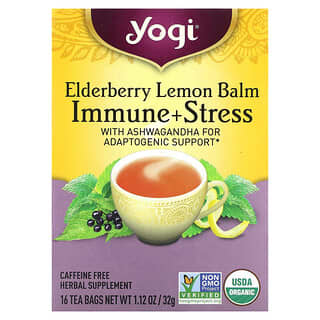 Yogi Tea, Immune + Stress, Elderberry Lemon Balm, Caffeine Free, 16 Tea Bags, 1.12 oz (32 g)