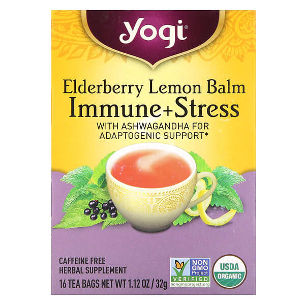 Yogi Tea, 接骨木/蜜蜂花茶包，免疫支援 + 壓力舒緩，無咖啡萃取，16 袋裝，1.12 盎司（32 克）