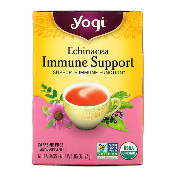 Yogi Tea, エキナセア免疫サポート、カフェインサポート、ティーバッグ16袋、24g（0.85オンス）