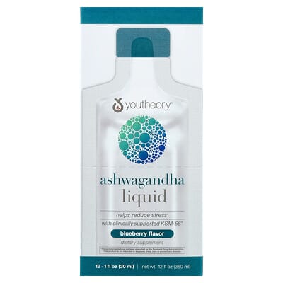 Youtheory, Liquid Ashwagandha, Blueberry Flavor, 12 Bags, 1 fl oz (30 ml) Each