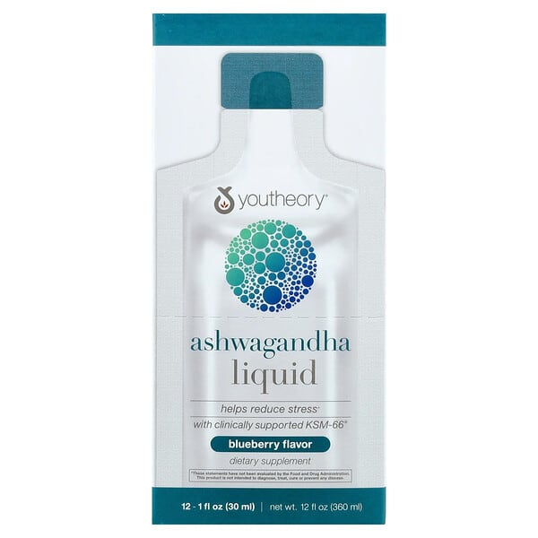 Youtheory, 리퀴드 아슈와간다, 블루베리, 파우치 12개, 각 30ml(1fl oz)