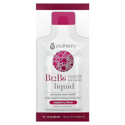 Youtheory, B12 B6 Liquid, On Th Go, Raspberry, 12 Pack, 1 fl oz (30 ml) Each