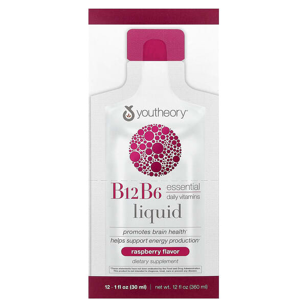 Youtheory, B12B6 On Th Go，樹莓味，12 包，每包 1 液量盎司（30 毫升）