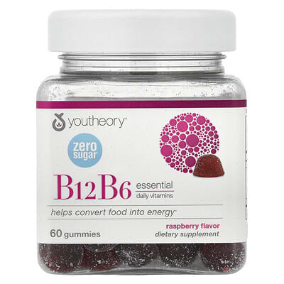 Youtheory, Vitamin B12 & B6 Gummies, Raspberry, 60 Gummies