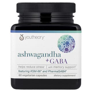 Youtheory, Ashwagandha + GABA, 60 vegetariske kapsler