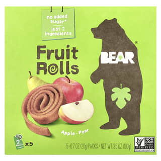 Bear, Rolos de Frutas, Maçã-Pera, 5 Pacotes, 20 g (0,7 oz) Cada