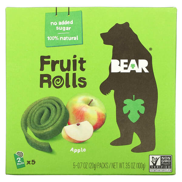 Bear, фруктовые рулеты, яблоко, 5 упаковок, по 20 г (0,7 унции)