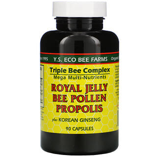 Y.S. Eco Bee Farms, غذاء ملكات النحل، لقاح النحل، العكبر، بالإضافة إلى الجينسينج الكوري، 90 كبسولة