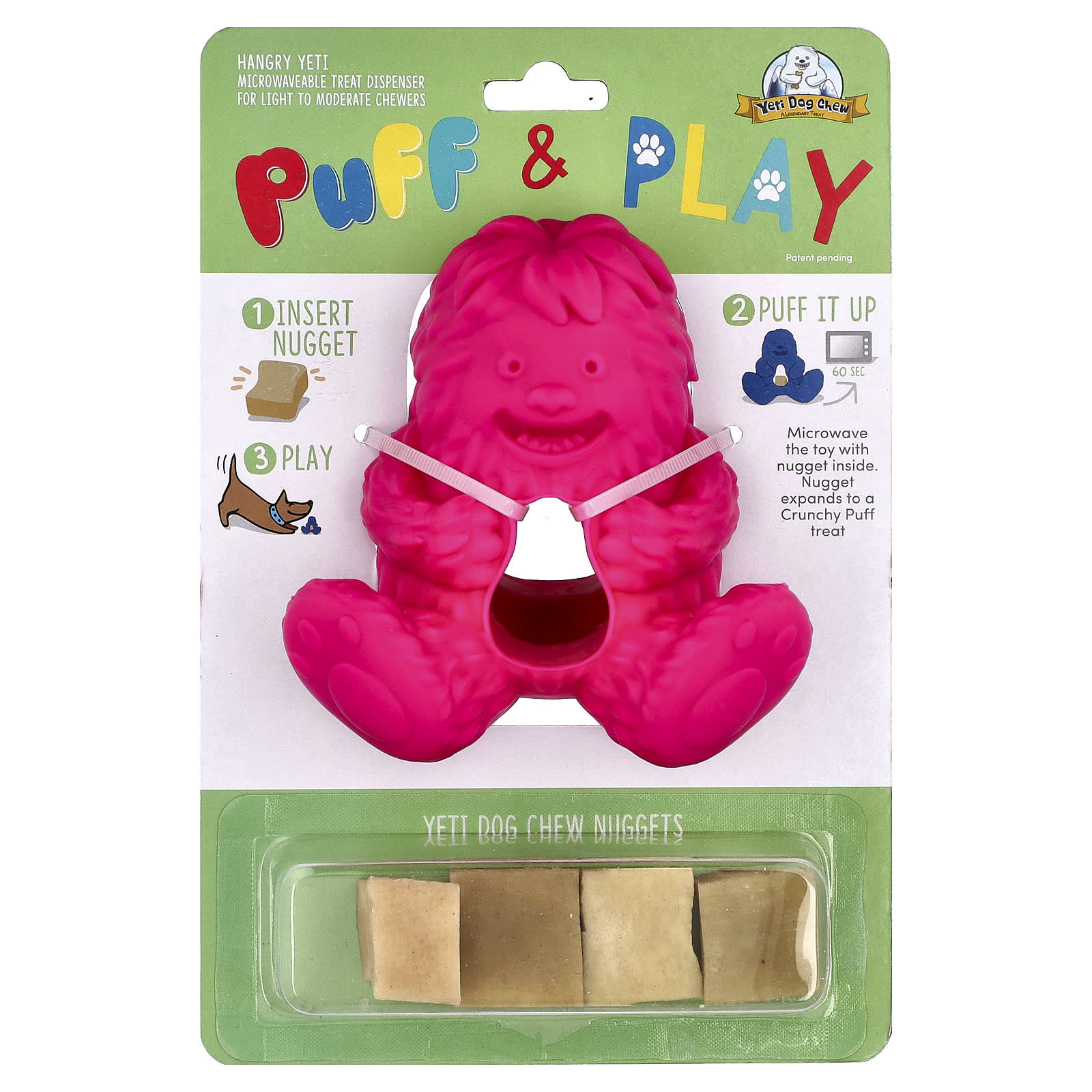 Yeti Dog Chew, Puff & Play, дозатор лакомств, жевательные таблетки для собак, йети, розовый, 4 жевательных конфеты, 1 дозатор