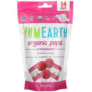 YumEarth, مصاصات فراولة عضوية، مسحوق الفراولة، 14 قطعة، 3.1 أونصة (87 جم)