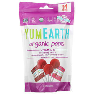 YumEarth, Sucettes biologiques, Vitamine C, Strawberry Smash, Razzmatazz Berry, Very Very Cherry, 14 sucettes, 87 g