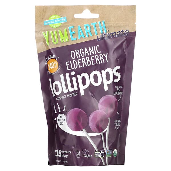 YumEarth, Ultimate, Organic Elderberry Lollipops, 15 Lollipops, 3.3 oz (93 g)