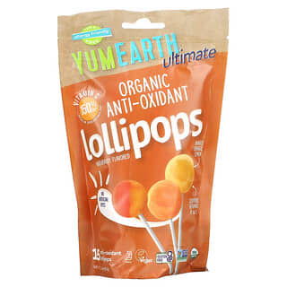 YumEarth‏, Ultimate, סוכריות על מקל אורגניות נוגדות חמצון, בטעם מנגו, תפוז ולימון, 15 סוכריות על מקל, 93 גרם (3.3 אונקיות)