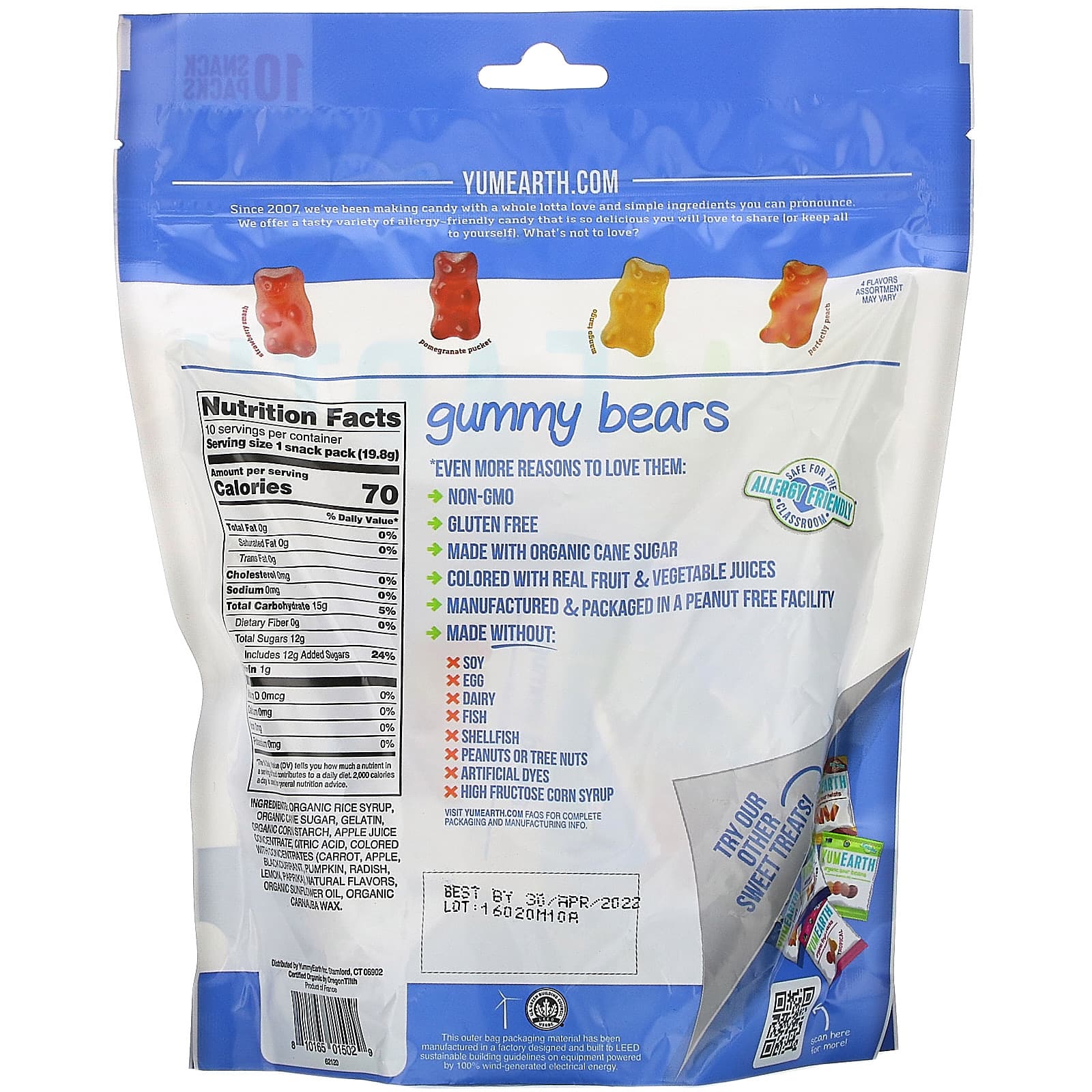 YumEarth, Gummy Bears, Assorted Flavors, 10 Snack Packs, 0.7 oz (19.8 g